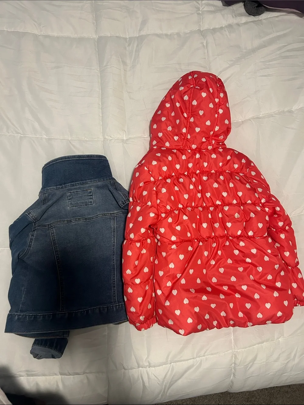 2 jackets deal  Red Heart-Print Puffer Jacket with Denim Jean Jacket